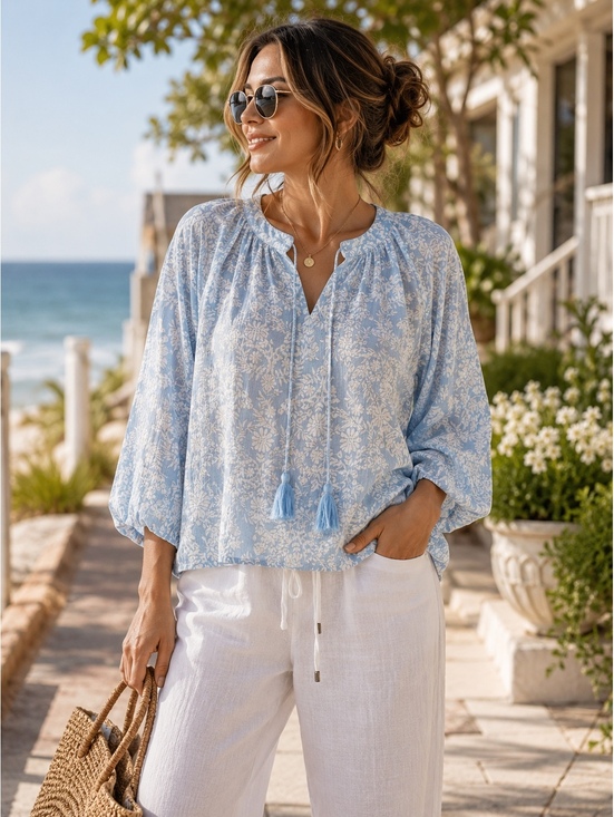Style & Co. Tops - Style & Co Coastal Blue Floral Tassel Peasant Blouse Size L